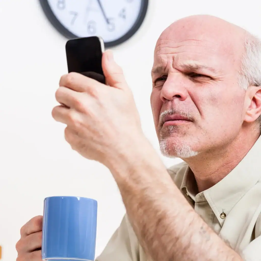 Ein älterer Herr hält sein Mobiltelefon hoch und versucht angestrengt mit zusammengekniffenen Augen etwas darauf zu lesen.